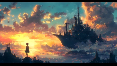 Sunlit skyfleet and lone observer over radiant sea horizon.