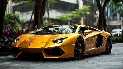 Golden supercar rests beneath city trees in quiet luxury