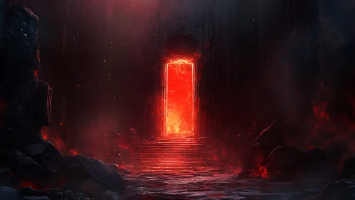 Digital painting of infernal portal within cavernous basalt hall.