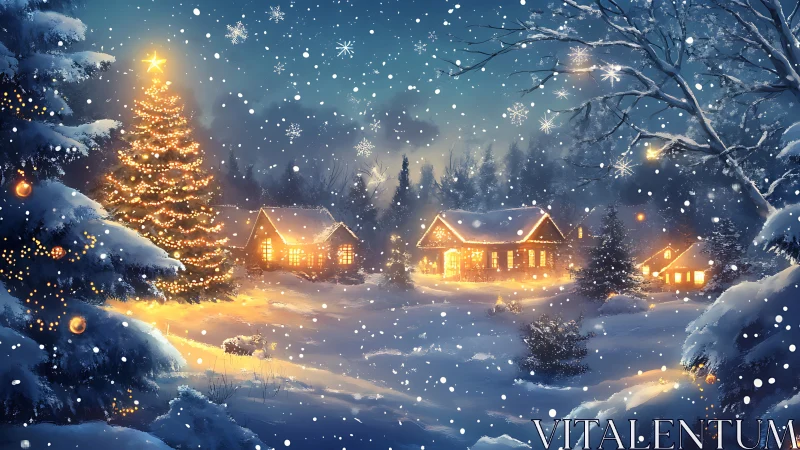 Cozy winter cottages glowing under a starlit snowfall.