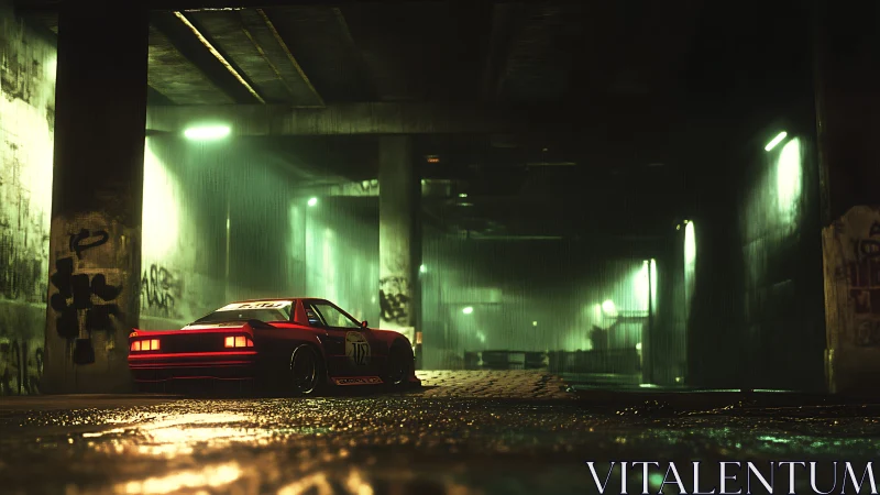 Red sports car in wet underground tunnel with neon lighting.