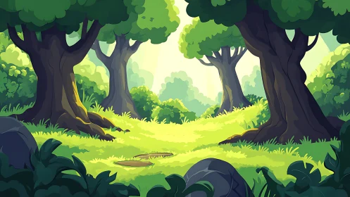 Sunlit Forest Clearing with Towering Trees and Luminous Undergrowth