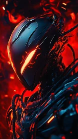 Neon-forged cybernetic warrior in blazing red void.