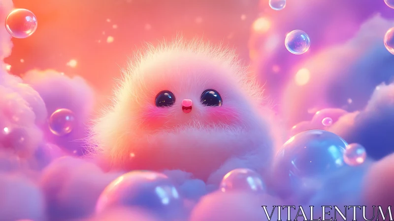 Fluffy pastel creature amid glowing bubbles and clouds.