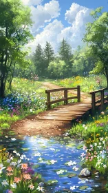 Sunny wooden bridge welcomes wanderers into a wildflower path