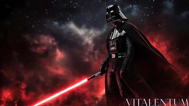 Armored dark figure holds red lightsaber in fiery nebula