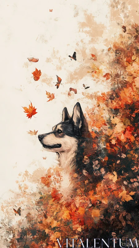 Husky emerges from swirling autumn leaves and butterflies