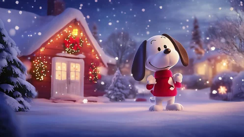 Cartoon dog enjoys a cozy Christmas evening snowfall