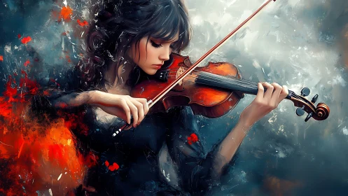 Expressive violinist in dynamic abstract brushwork and color field