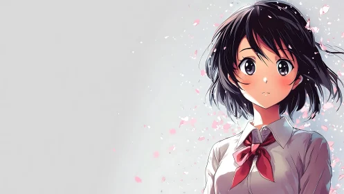 Anime schoolgirl portrait with cherry blossom petals falling.
