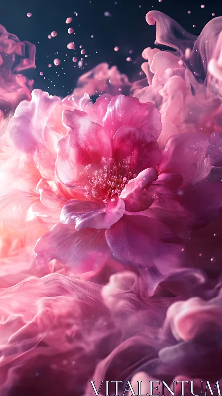 Rendered peony flower with dispersing particles in pink tones.
