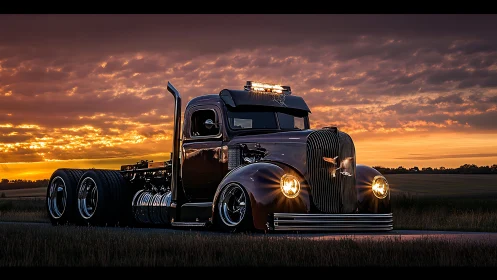 Low-slung custom semi truck rendered in high-gloss sunset lighting