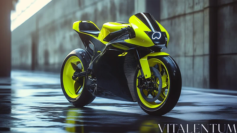 Neon yellow superbike stands in glossy concrete tunnel
