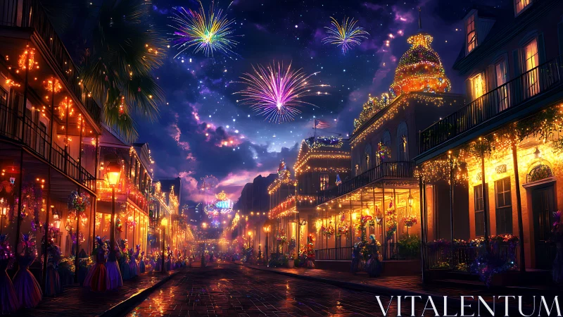 Urban street scene displays night fireworks and dense lighting