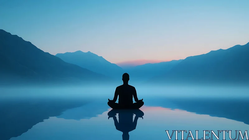 Silhouette practices seated meditation on calm reflective lake