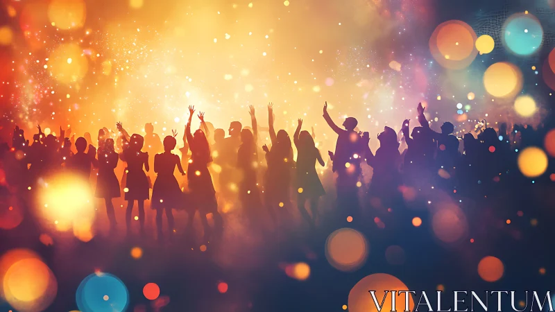 Crowd of silhouettes dancing inside a glowing bokeh storm.
