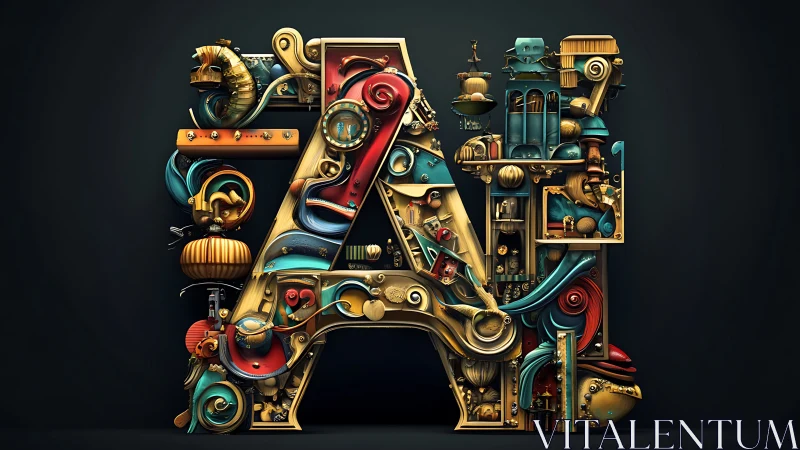 Letterform AI constructed from complex 3D mechanical elements