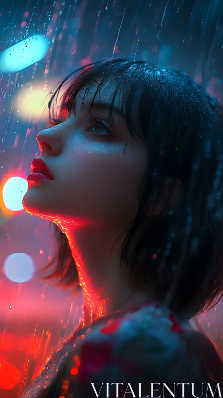 Side profile of young woman in rain with neon lighting.