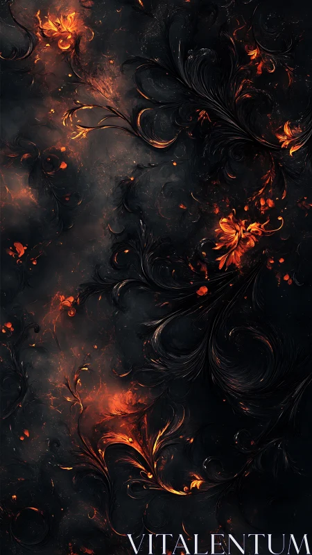 Floral embers twist through dark swirling abstract background