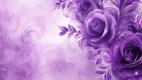 Abstract floral composition with purple roses and ethereal backgrounds.