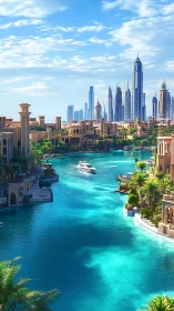 Futuristic canal city with luxury boats and towers.