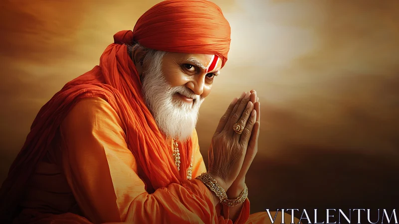 Elderly man in orange attire with folded hands in profile.