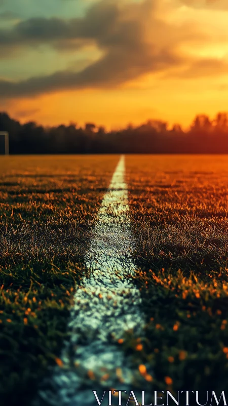 White field line on grass pitch under low sunset light.