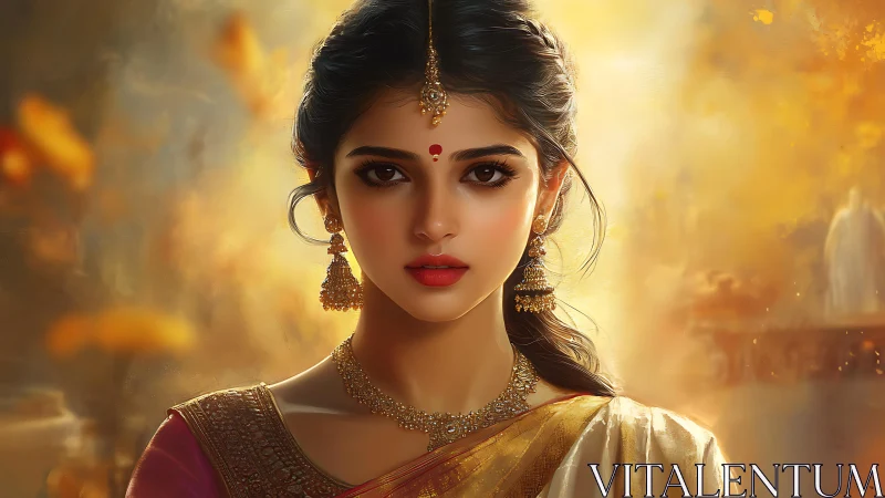 Golden dusk princess in silk and temple-fire radiance.