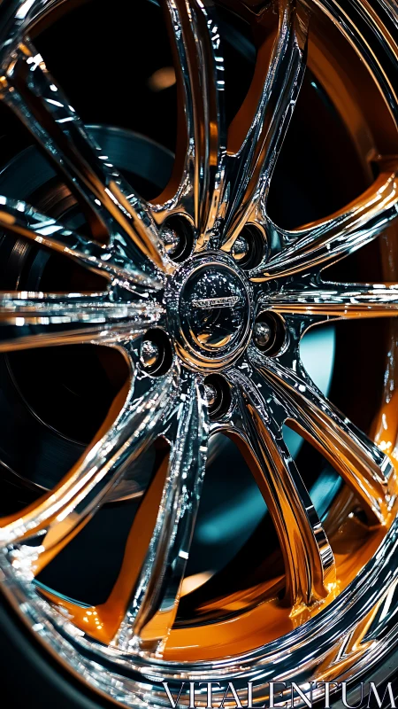 Chrome alloy wheel gleams under teal and amber highlights.