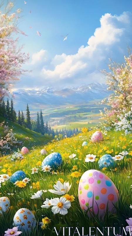 Digital pastoral Easter meadow with blossoms and eggscape panorama.