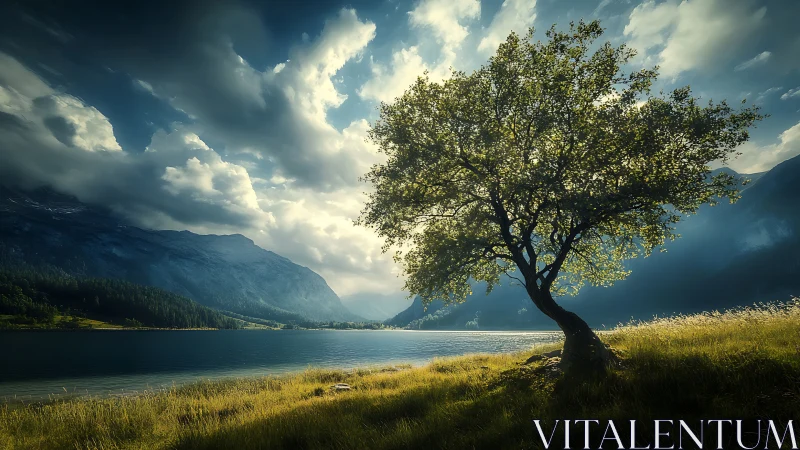 Solitary lakeside tree backlit against dramatic alpine storm