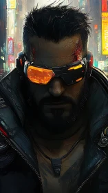 Neon mercenary stalks the rain-lit alleys of a cyber city.