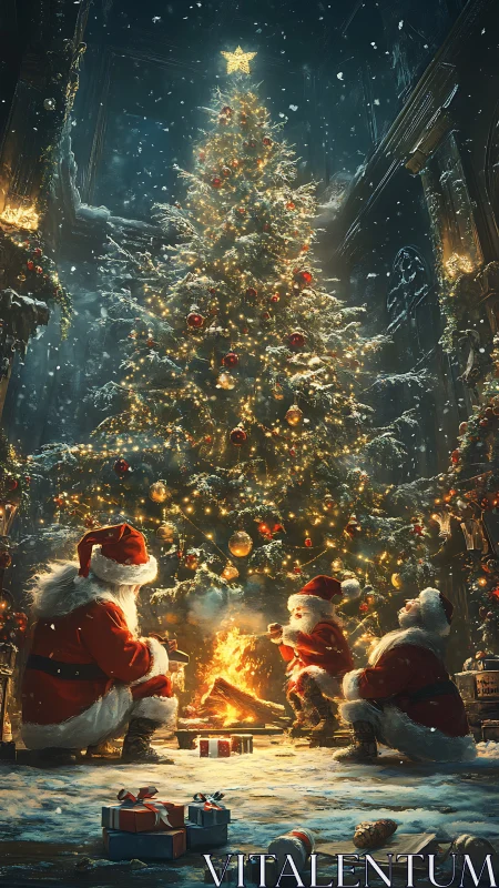 Warm-hearted Santa gathering glows by a magical tree