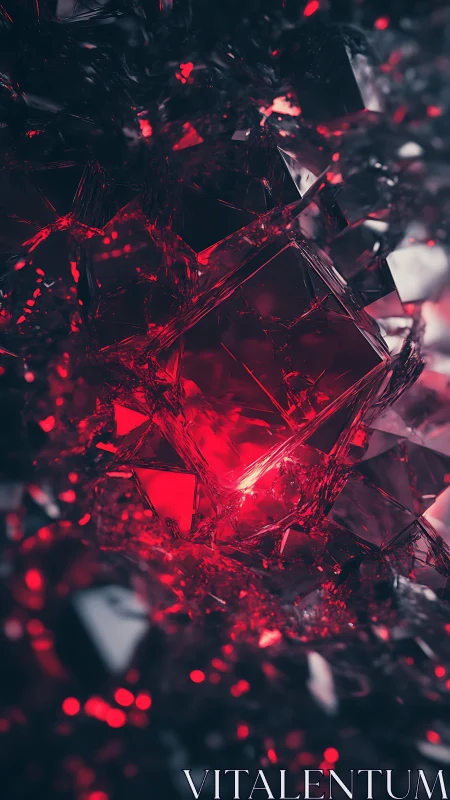 Crimson crystal heart glowing inside shadowy broken glass.