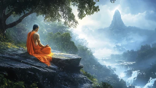 Monk sits on rock ledge facing misty waterfalls and mountain