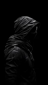 Side-profile hooded figure rendered with high contrast specular highlights