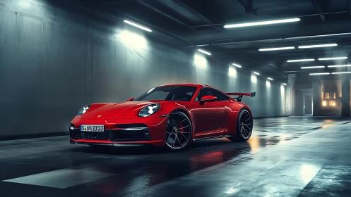 Red sports coupe rendered in a cinematic tunnel lighting setup