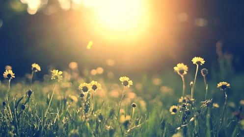 Backlit wild daisies glowing in warm sunset meadow haze.