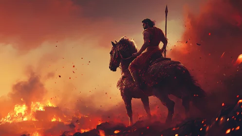 Warrior on armored horse overlooking burning battlefield at dusk.
