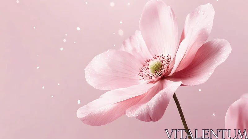 Pink cosmos flower with dewdrops against soft background.