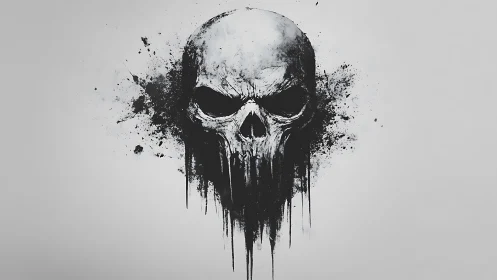 Monochrome skull emblem with dripping ink abstraction.