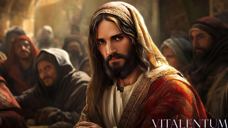 Solemn robed teacher amid murmuring crowd in warm light.