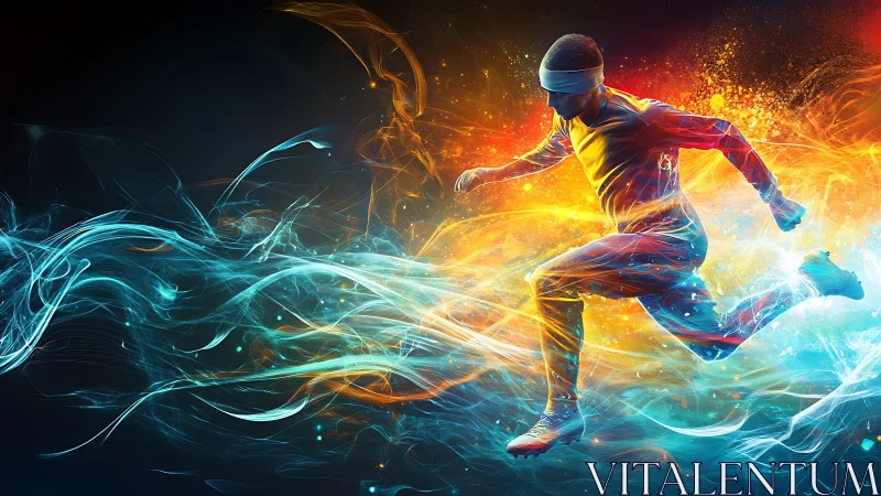 Runner silhouette amid blue and orange energy streams.