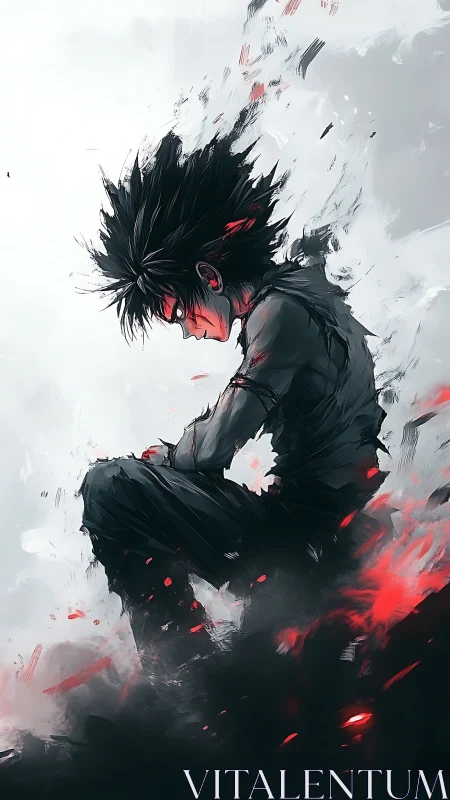 Brooding anime boy amid smoke, ash, and red energy shards.
