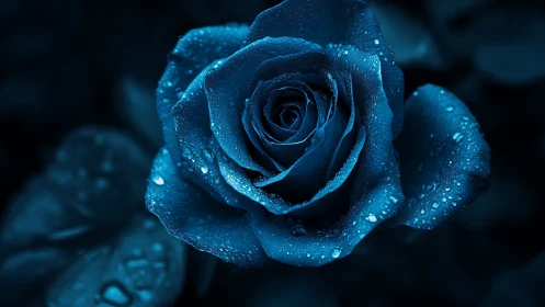 Luminous Blue Rose with Water Droplets.