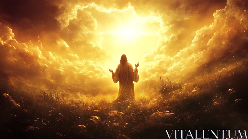 Radiant robed figure under celestial golden sky portal.