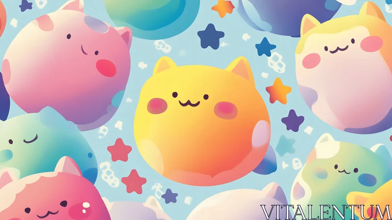 Colorful Plush Cat Characters Float Against Gradient Background