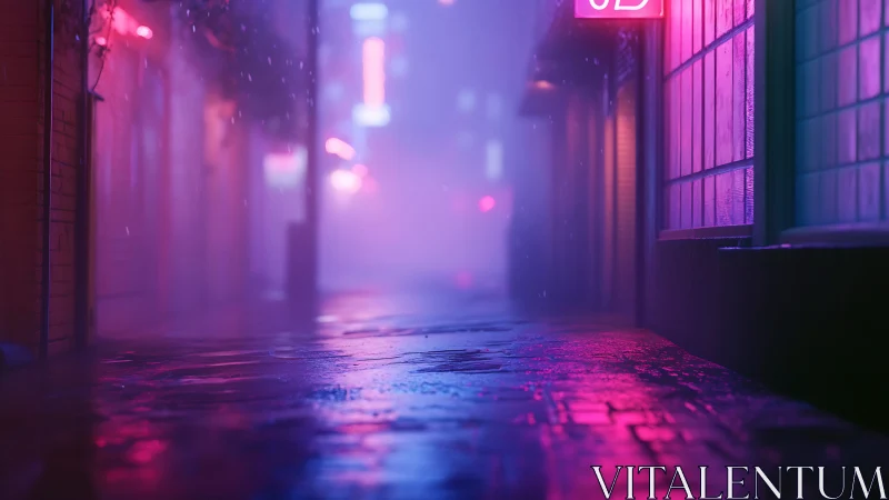 Neon-lit wet alleyway with volumetric fog and bokeh depth cues
