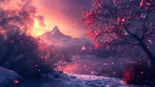 Twilight petals drift across a spellbound winter lake