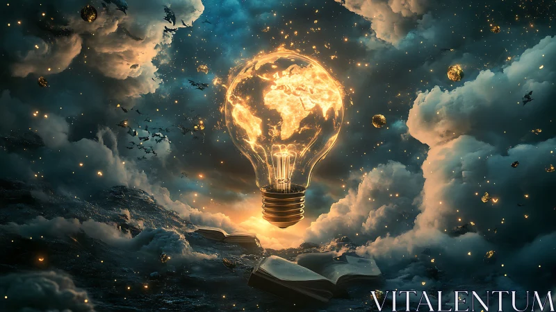 Glowing world lightbulb floats above books in stormy clouds